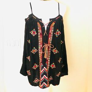 Bohemian Black Embroidered Mini Dress or Top w/ Tie Up Front